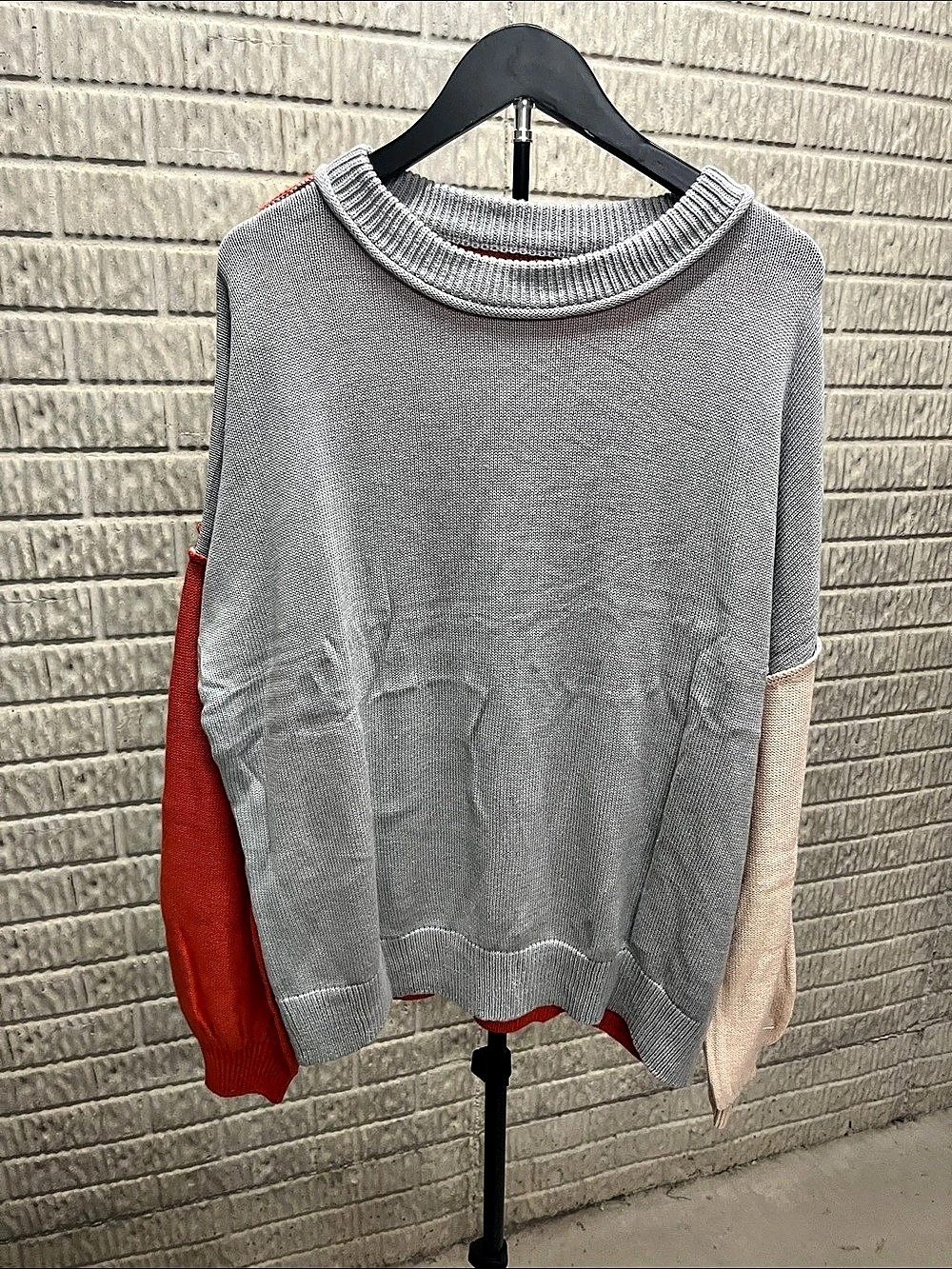 Color Block Crewneck Sweater Gray & Orange XL